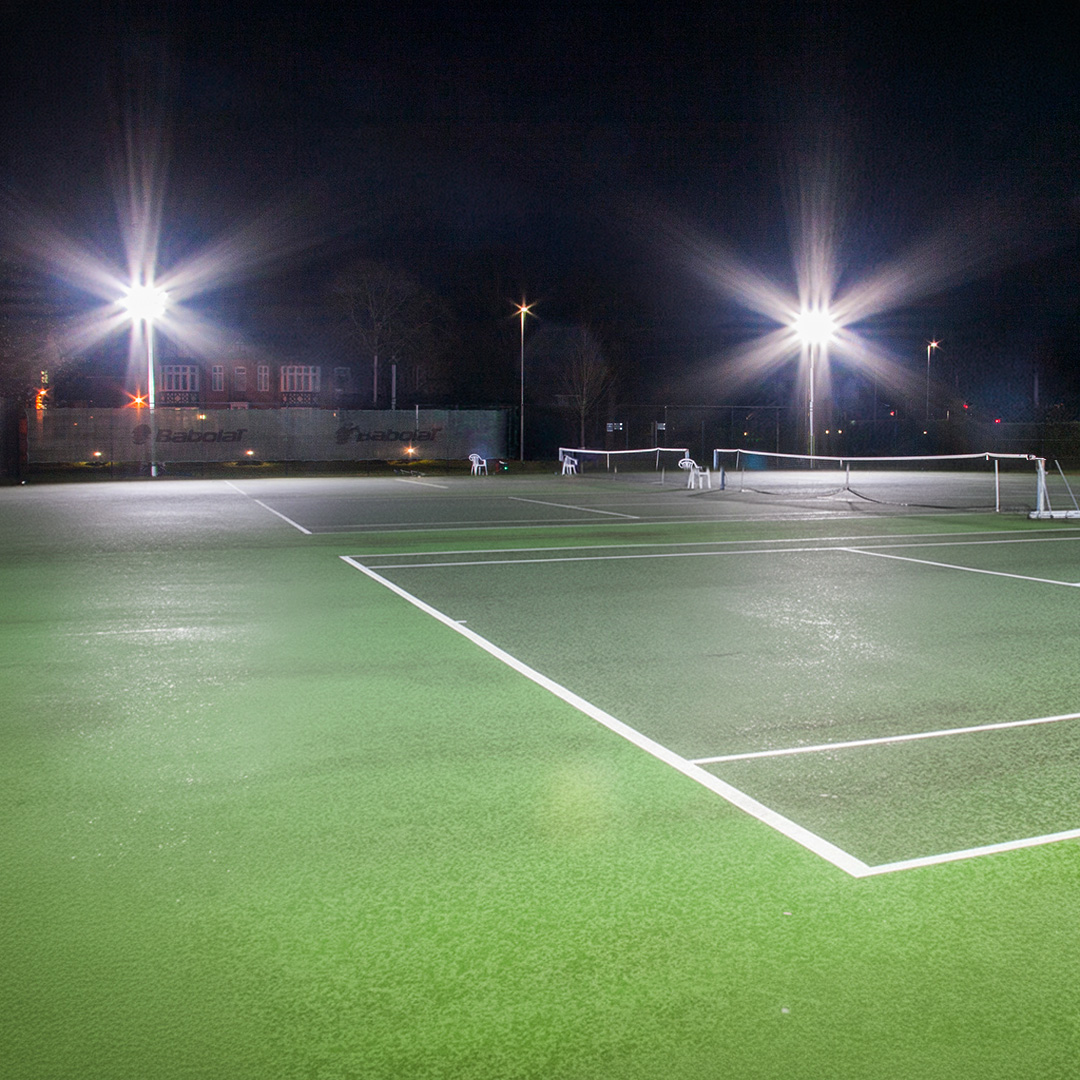 Loughborough University Ritelite Quad Pod K65 mobile lighting towers lighting up twin courts for evening tennis practice