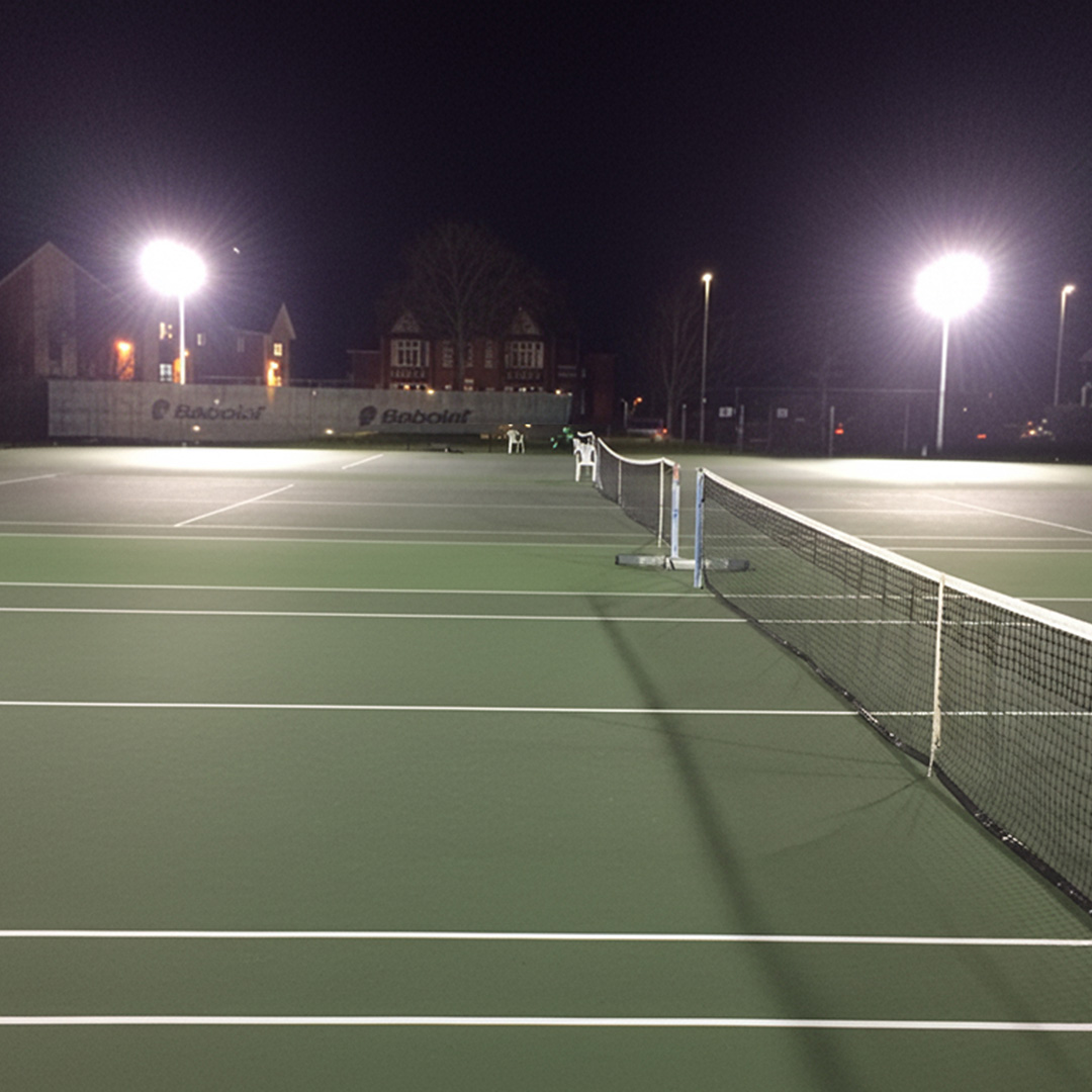 Loughborough University Ritelite Quad Pod K65 mobile lighting towers lighting up twin courts for evening tennis practice