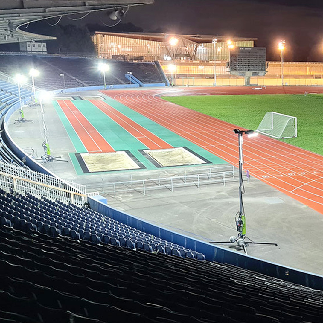 Quad Pod K65 mobile lighting towers lighting up the track at Crystal Palace National Sports Centre