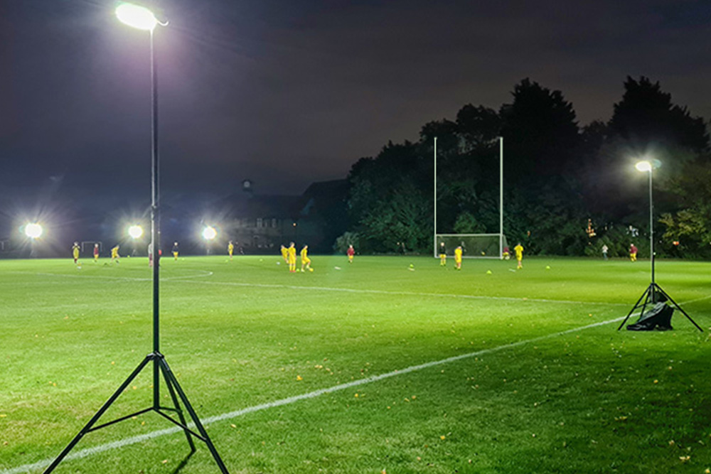 Ritelite Quad Pod K65 mobile lighting towers lighting up a pitch for evening outdoor winter rugby practice
