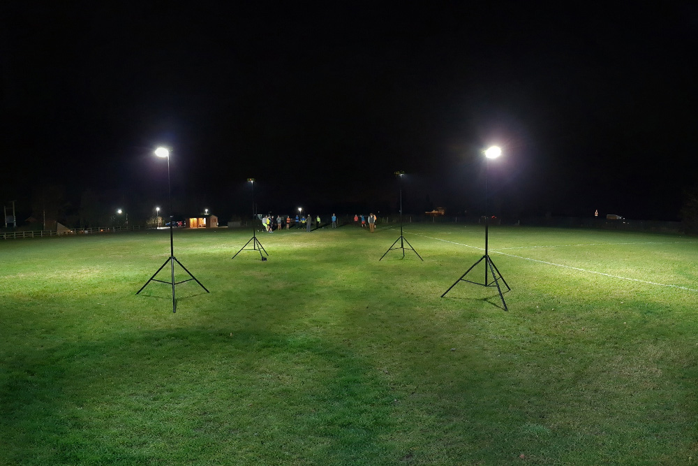 Ritelite Quad Pod K65 mobile lighting towers lighting up a pitch for evening outdoor winter rugby practice