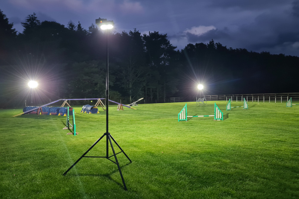 Ritelite Quad Pod K65 mobile lighting towers lighting up a pitch for evening outdoor winter rugby practice