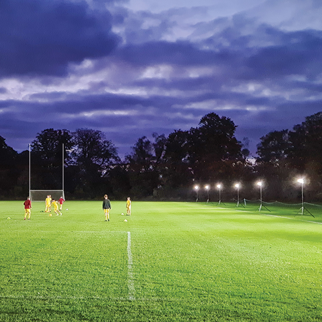 Ritelite Sports-LITE battery powered portable sports lights lighting up multiple netball courts for winter training