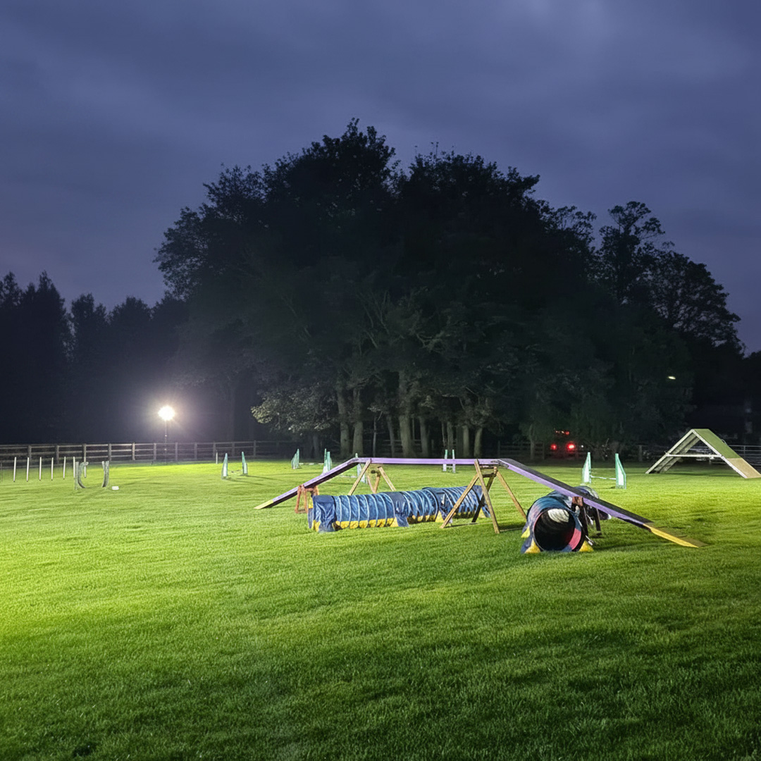 Ritelite Sports-LITE battery powered portable sports lights lighting up multiple netball courts for winter training