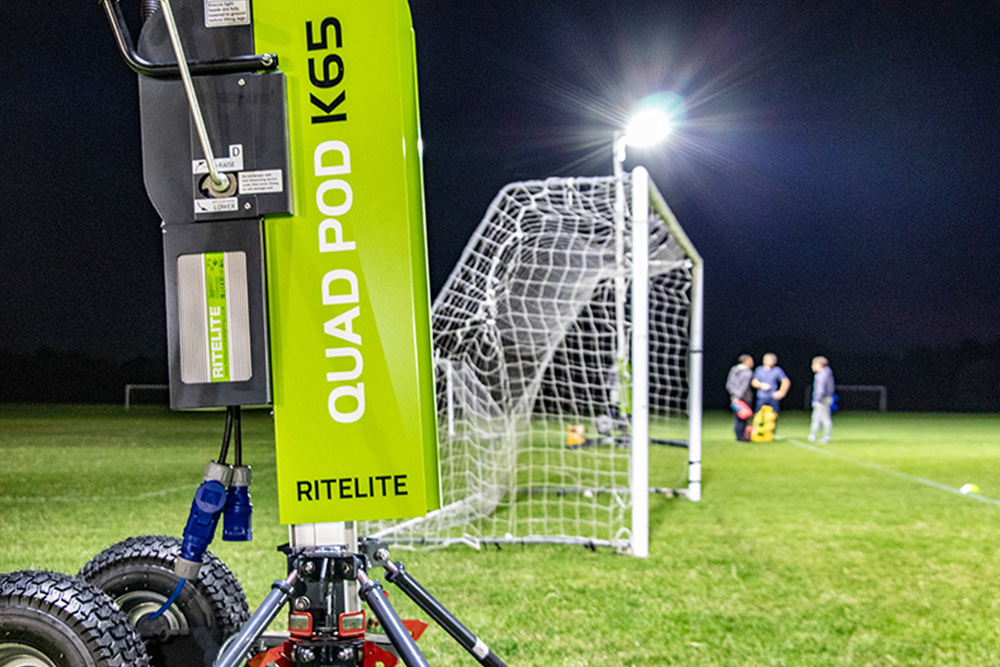 Ritelite Quad Pod K65 mobile lighting towers lighting up a pitch for evening outdoor winter rugby practice