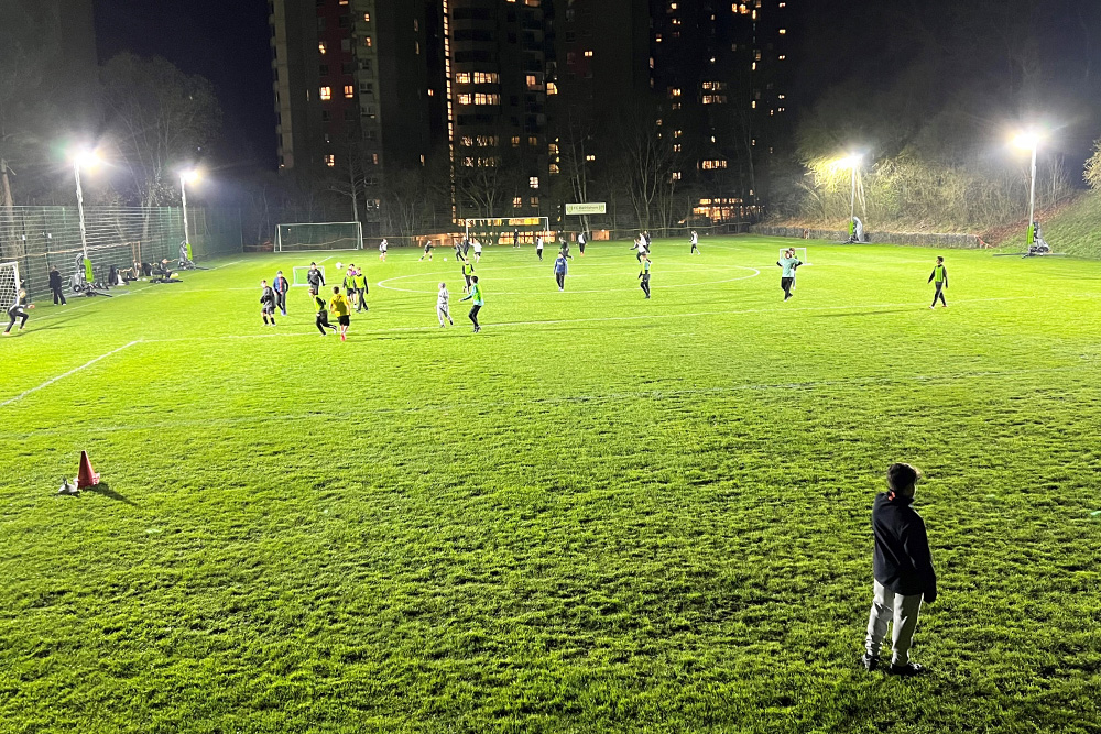 Ritelite Sports-LITE sports floodlight lighting up a football pitch for winter training