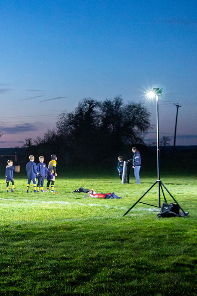 Ritelite Sports-LITE battery powered portable sports lights lighting up multiple netball courts for winter training